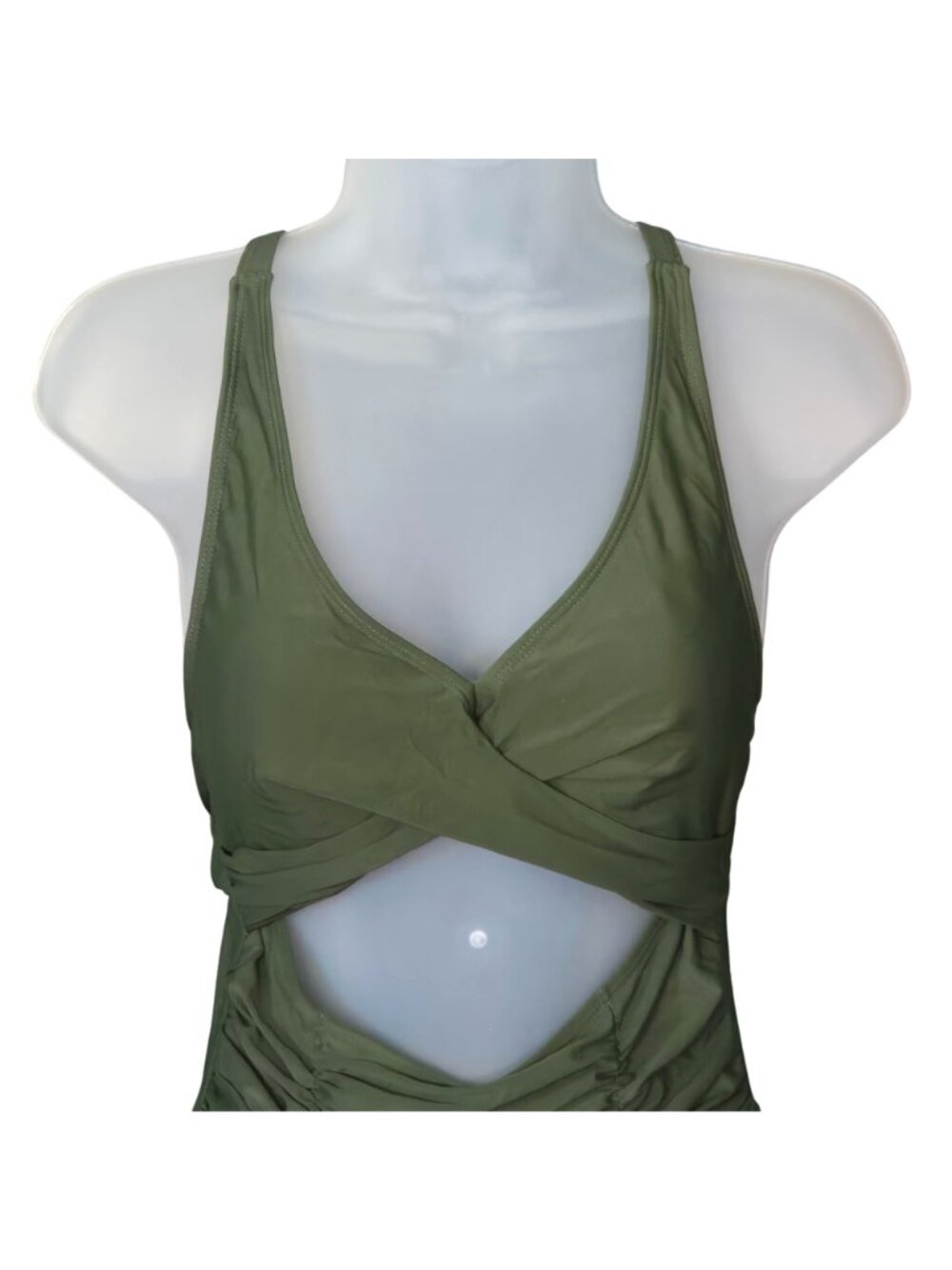 Olive Green Cutout One Piece Swimsuit M V Neck Cross Front Adjustable - Picture 2 of 10